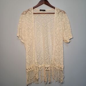 Carrie Allen‎ Vintage Cream Lace Crochet Tassel Cardigan Women's Size Medium